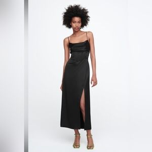 NWT Zara Black Satin Effect Cowl Neck Midi Slip Dress, Size S